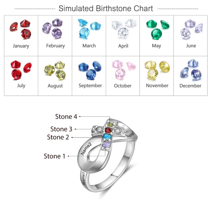 Infinity & Cross Customized 4 Names And Birthstones Ring for Women