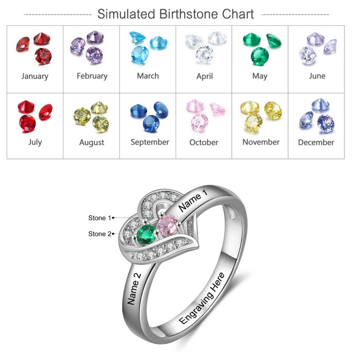 Sterling Silver Personalized 2 Names And Birthstones Engraved Ring