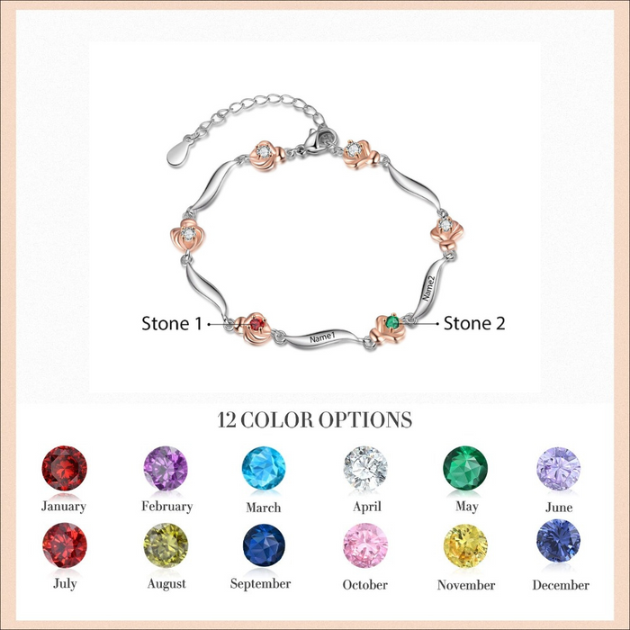Customized 2 Birthstone Rose Flower Bracelet For Women
