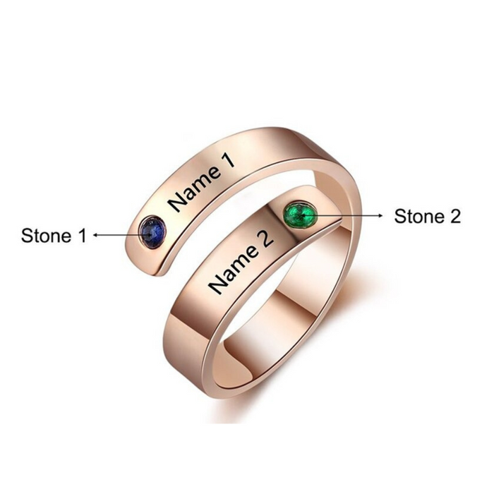 Personalized 2 Names And Birthstones Wrap Ring For Women