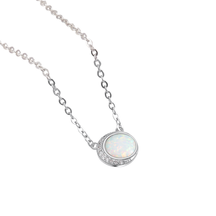 Silver Color Round White Opal Necklace