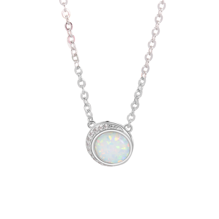 Silver Color Round White Opal Necklace