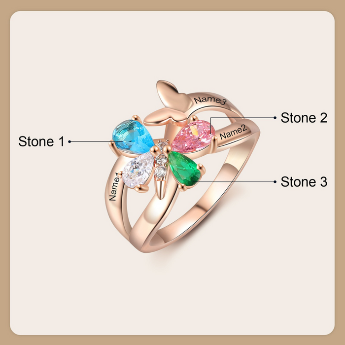 Personalized 3 Names And 3 Stones Butterfly Rings for Women