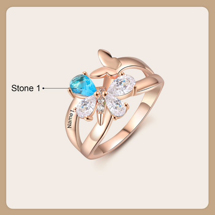 Personalized Name And Stone Butterfly Rings for Women