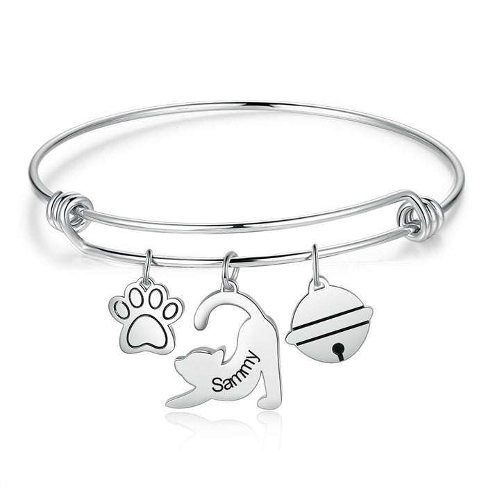 Personalized 1 Name Engraved Paw Cat Bracelet