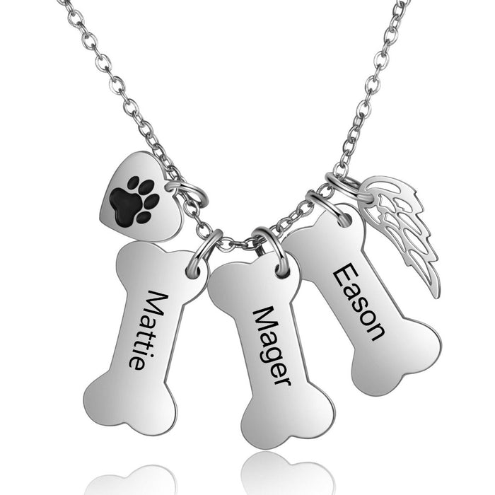 3 Names Wing And Dog Bone Personalized Necklace