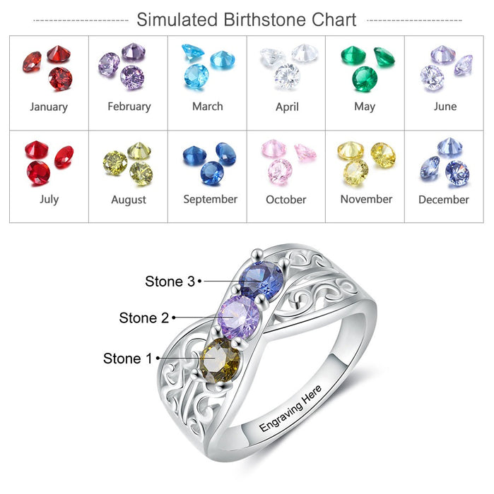 Customized Engraving 3 Birthstones Floral Rings For Women