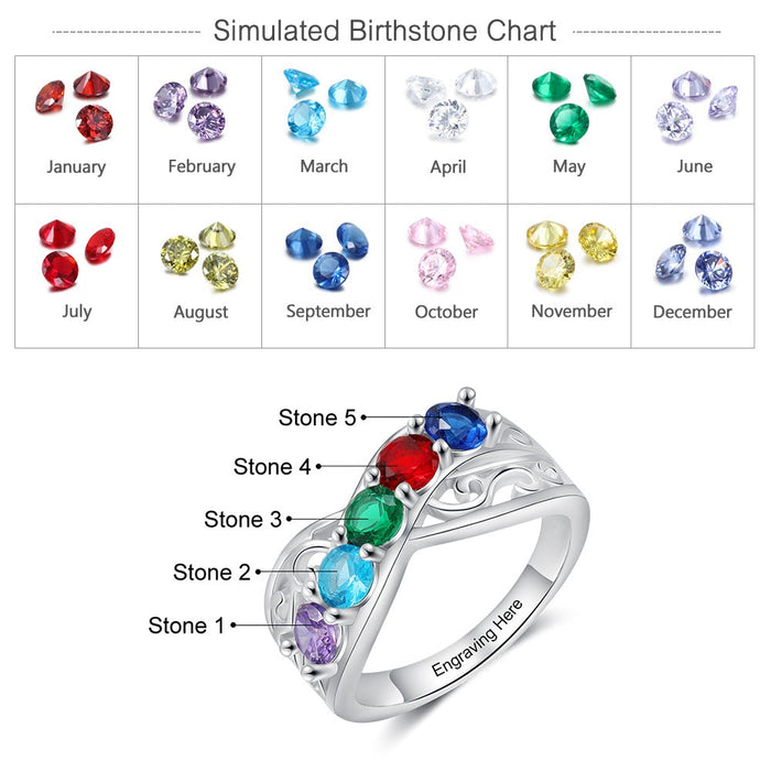 Customized Engraving 5 Birthstones Floral Rings For Women