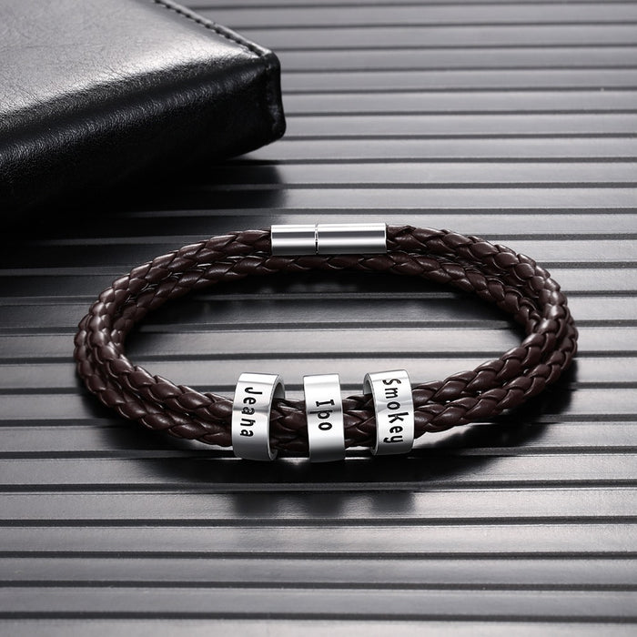 Personalized 3 Names Brown Braided Rope Leather Bracelet