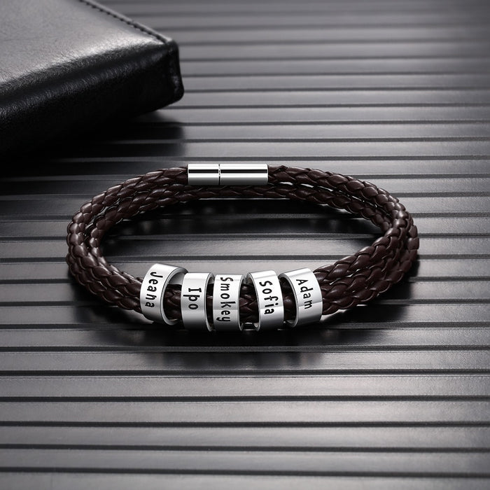 Personalized 5 Names Brown Braided Rope Leather Bracelet