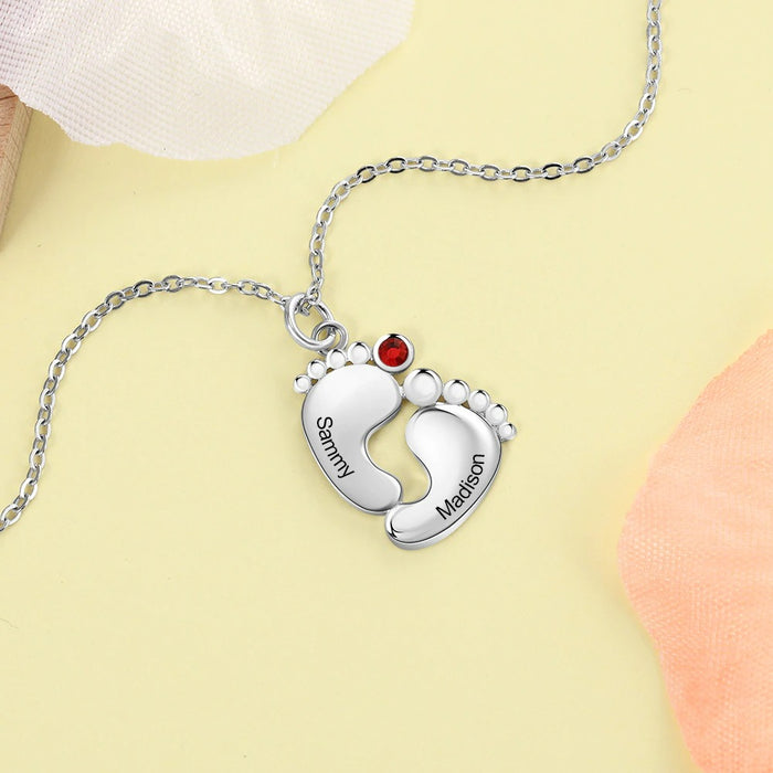 Customized 1 Stone 2 Names Baby Footprint Necklace