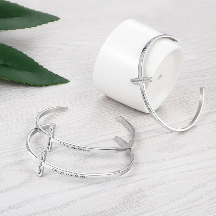 Customized Engrave Stainless Steel Cross Cuff Bracelet For Women