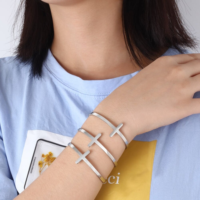 Stainless Steel Cross Cuff Bracelet For Women