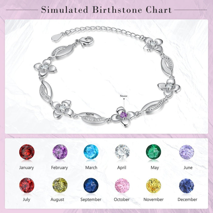 Customized Flower Bracelet With 3 Birthstones For Women