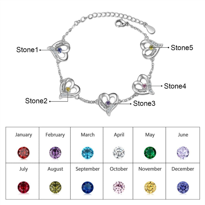 Personalized Cordate Charm Bracelets With 5 Birthstone