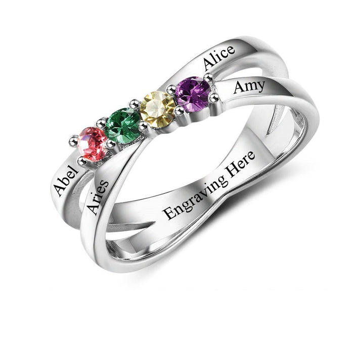 Sterling Silver Four Birthstone Engraved Ring