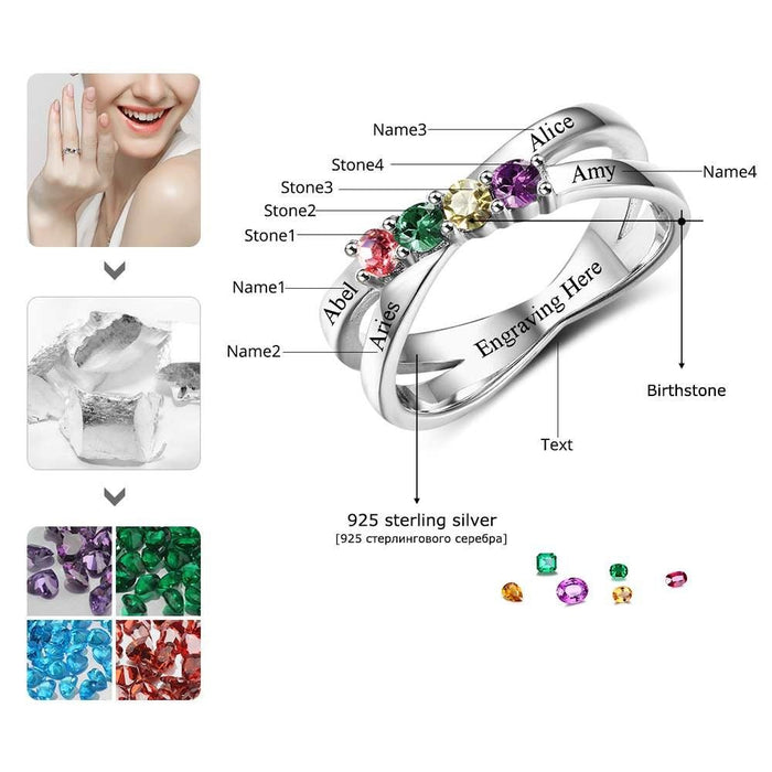 Sterling Silver Four Birthstone Engraved Ring