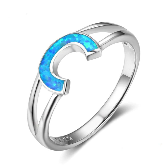 Letter C Design Blue Opal Stone Ring For Women