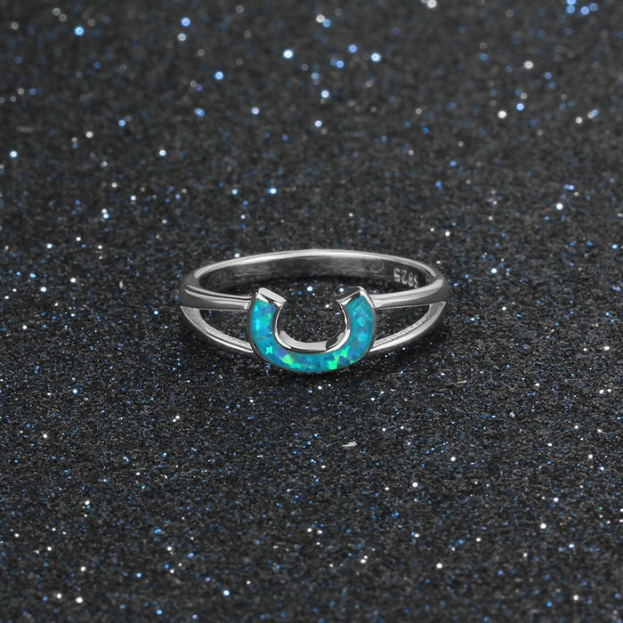 Letter C Design Blue Opal Stone Ring For Women