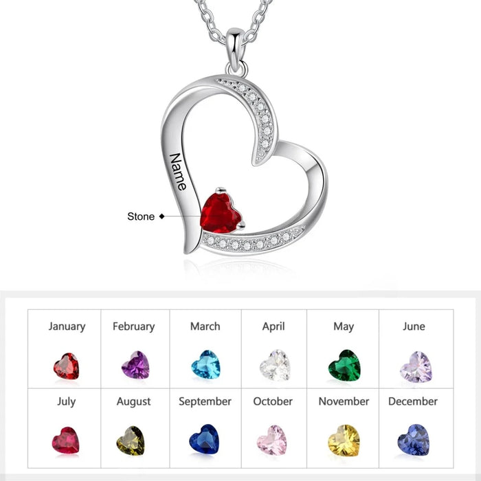 Personalized Name And Birthstone Engraved Heart-Shaped Pendant