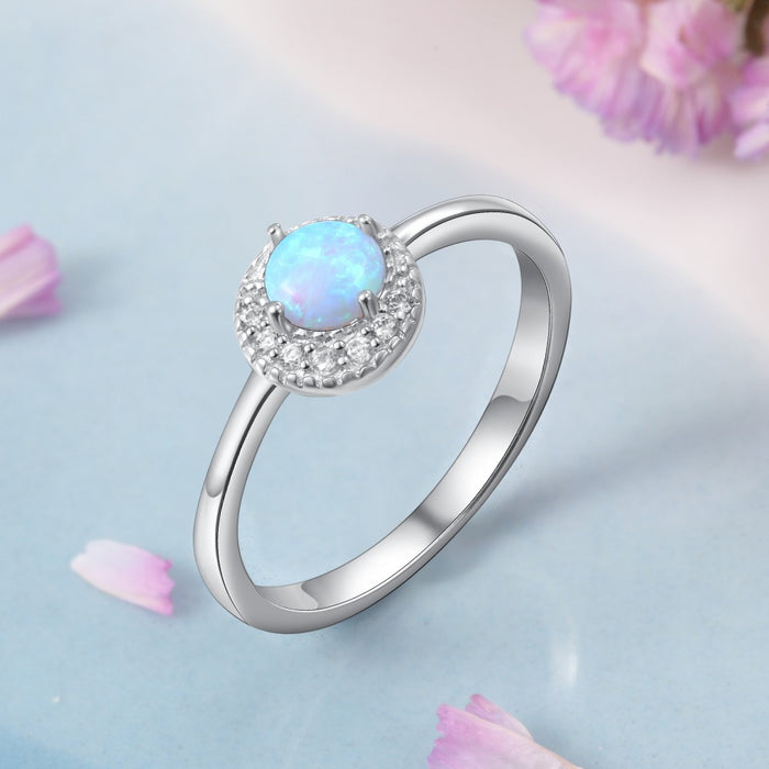 Sterling Silver Round Blue Opal Ring For Women