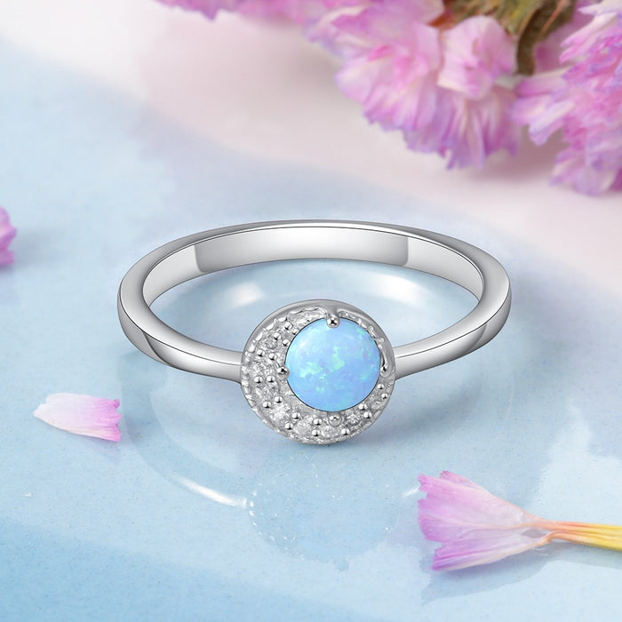 Sterling Silver Round Blue Opal Ring For Women