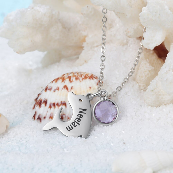 Personalized 1 Name And 1 Birthstone Dolphin Necklace