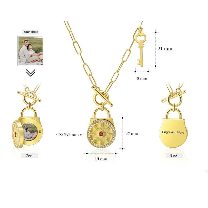 Customized Birthstone Lock & Key Engraved Gold Necklace