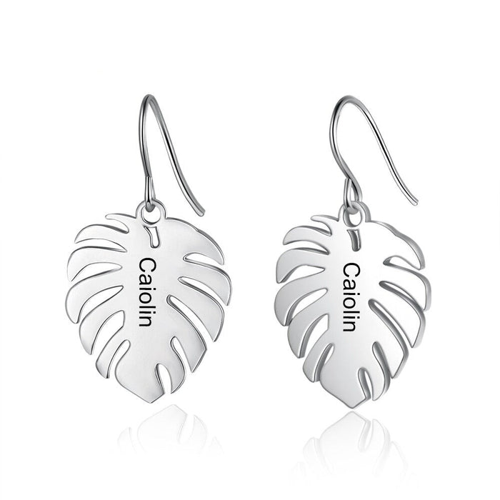 Customized Engraved 1 Name Leaf Earrings