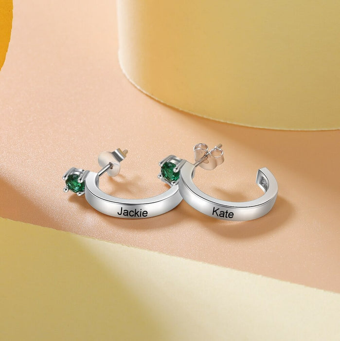 Customized 2 Names 1 Stone Engraved Name Earrings