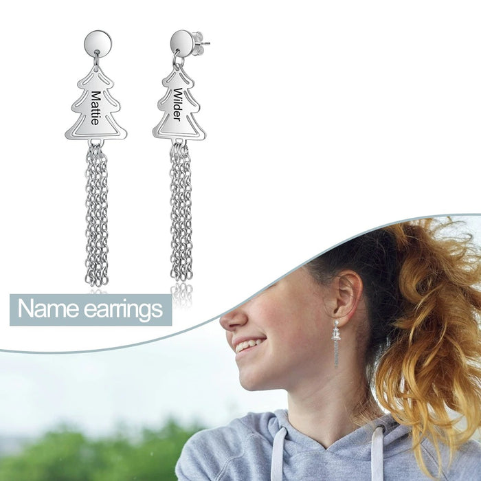Personalized 2 Names Christmas Tree Tassel Earrings