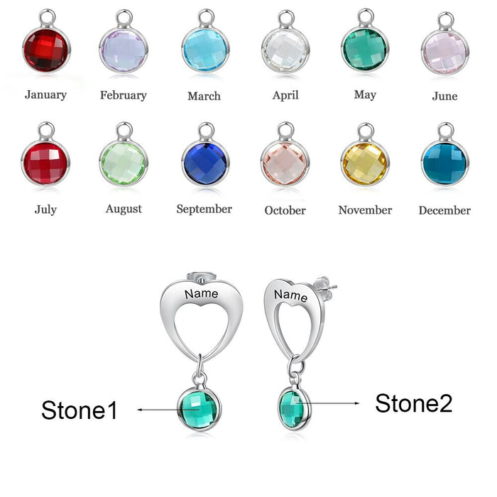 Personalized 1 Stone 1 Name Heart-Drop Earrings