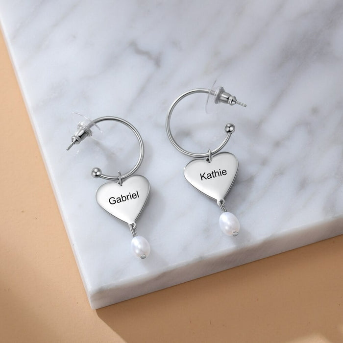 Personalized 2 Name Engraved Heart Drop Earrings