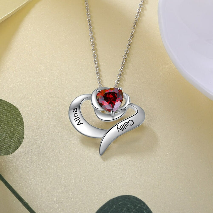 Personalized Flower Heart Pendant 1 Stone 2 Name