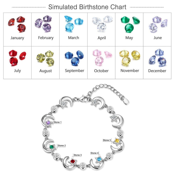 Personalized 2 Birthstone Star Moon Chain Bracelets For Women