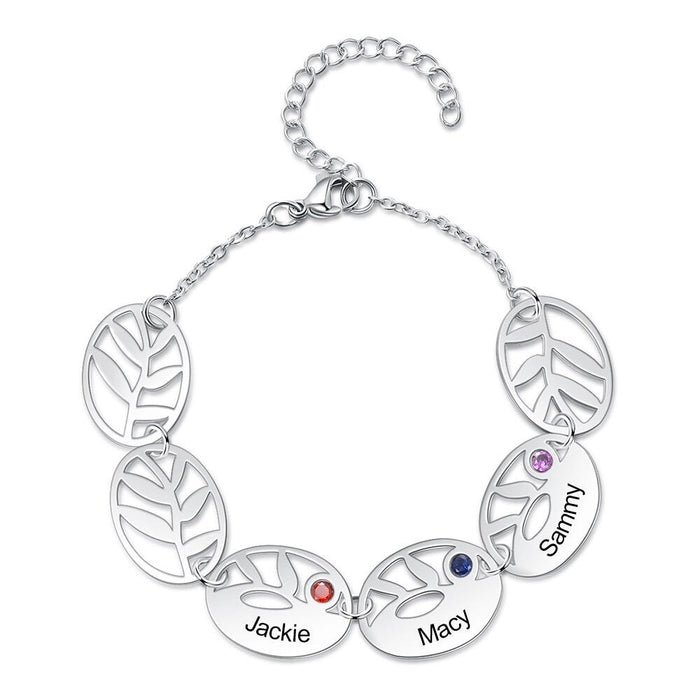 Personalized 3 Names Engraving Leaf Charm Bracelet