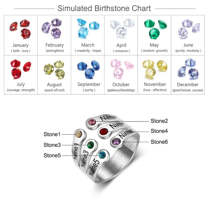 Personalized 6 Birthstone Open Ring for Women