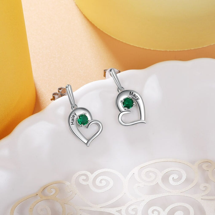 Personalized 2 Names 2 Stones Tilted Heart Drop Earrings