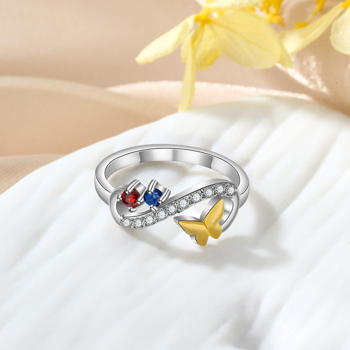 Personalized Butterfly Ring With 2 Birthstone For Women