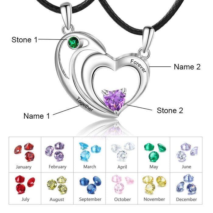 Personalized 2 Stones 2 Names Couples Heart Necklace