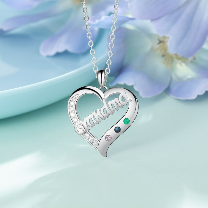 Personalized Custom 3 Stone Grandma Heart Pendant