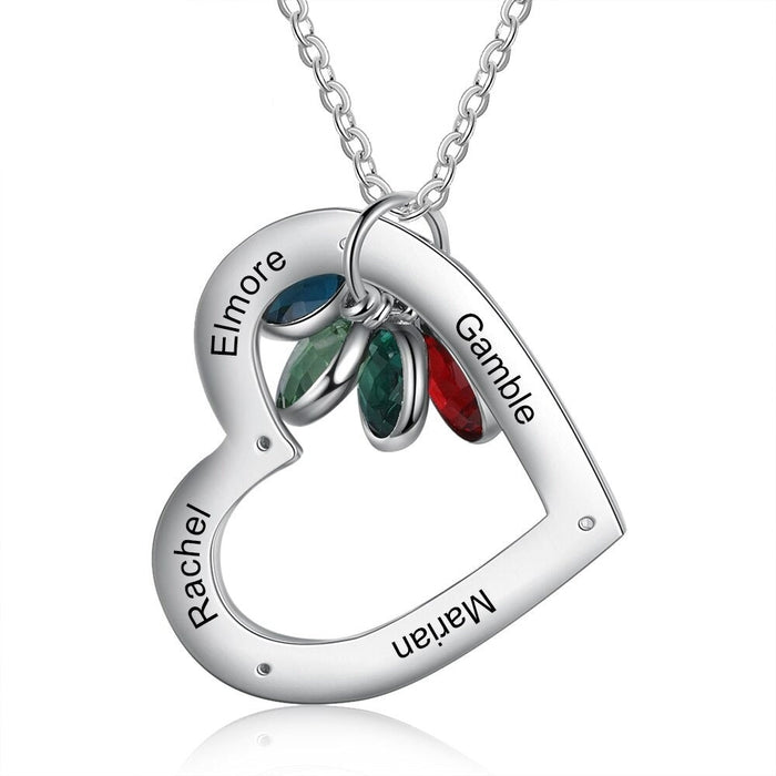 Personalized Engraved 4 Names 4 Stones Heart Necklace