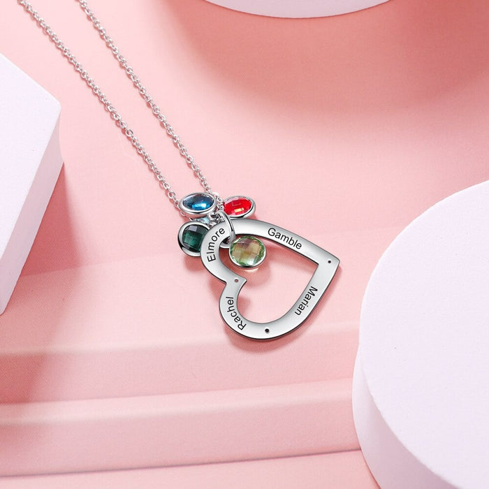 Personalized Engraved 4 Names 4 Stones Heart Necklace