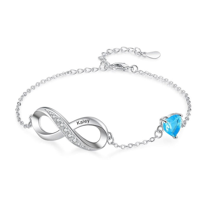 Engraved Name Infinity Bracelet With 1 Cordate Birthstone
