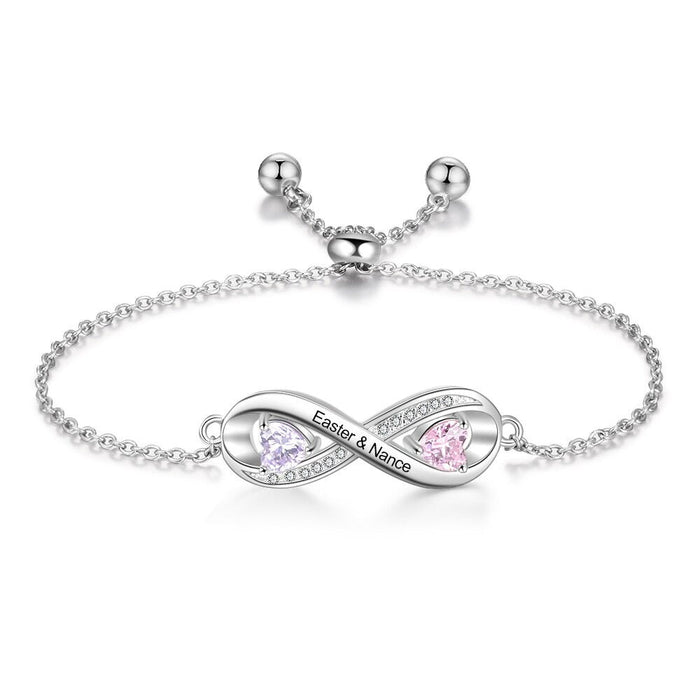 Personalized 2 Birthstones And 2 Names Engraved Infinity Bracelet