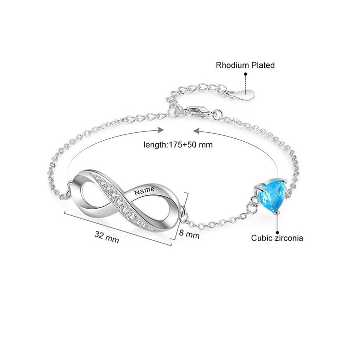 Engraved Name Infinity Bracelet With 1 Cordate Birthstone