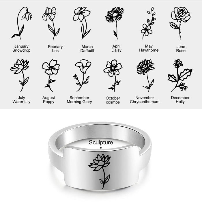 Personalized Engraving Birth Flower Rings For Women