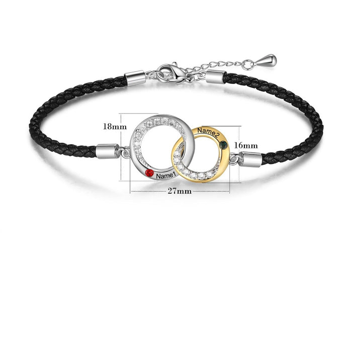 Customized Black Leather Rope Interlocked Knot Couple Bracelets