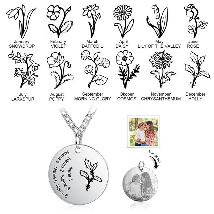 Personalized Engraving Name Birth Month Flower Necklace