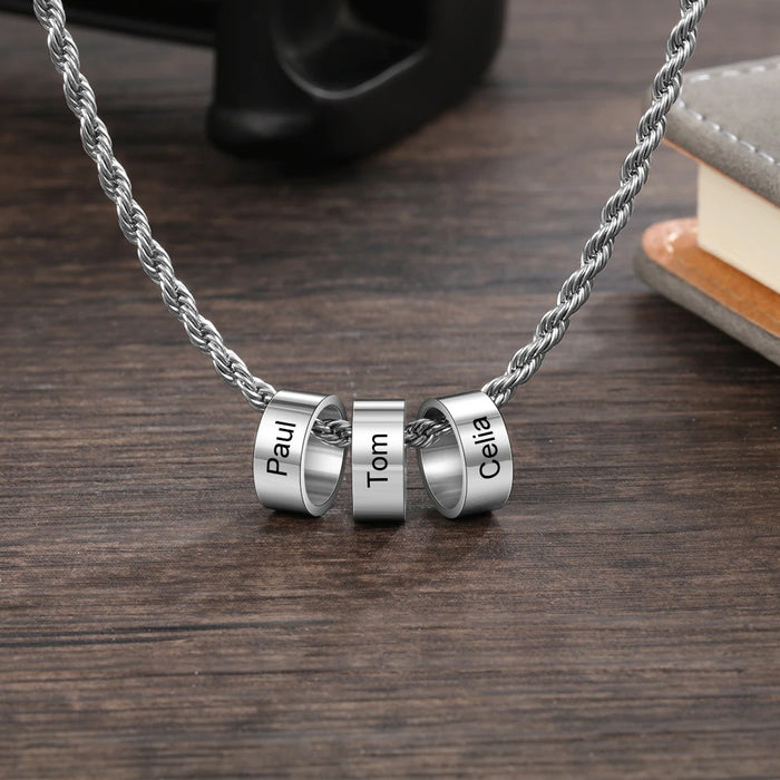 Personalized Engraving 3 Beads Name Charm Necklace for Men